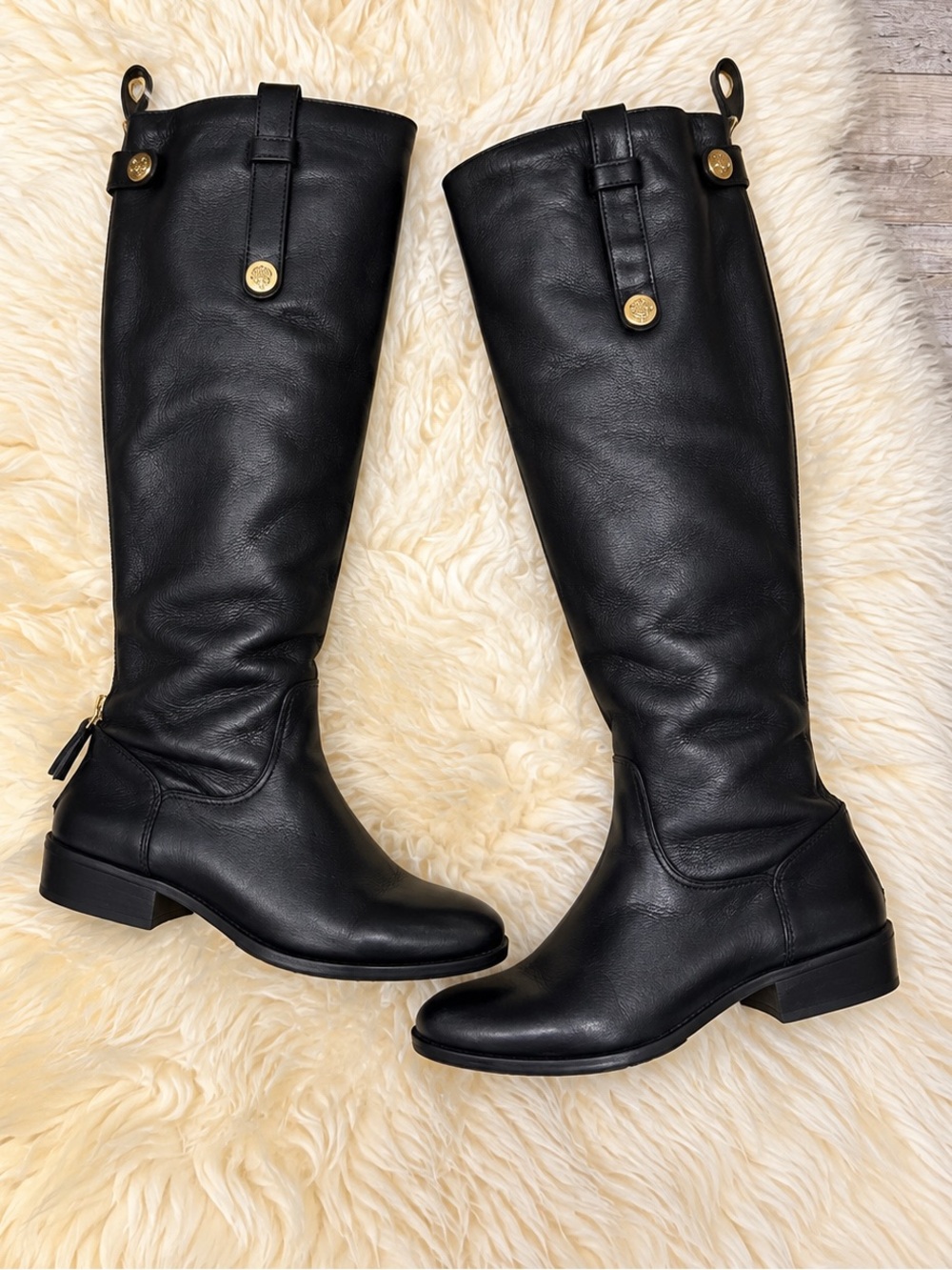 Sam Edelman Black Leather Knee High Riding Boots Gold Hardware